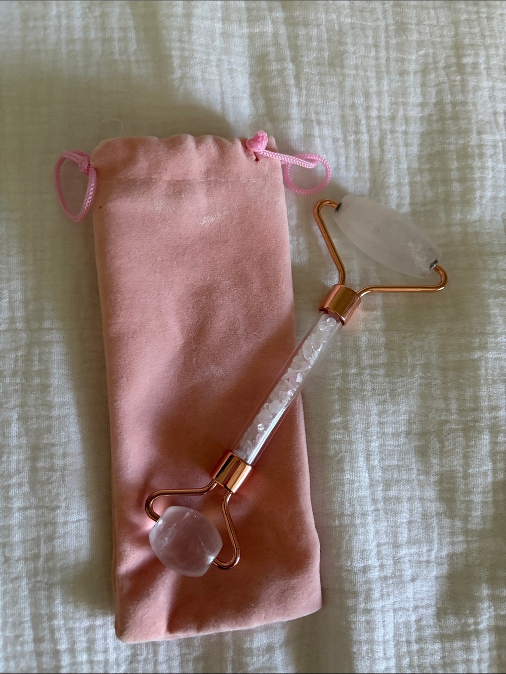 Rose Quartz Facial Roller with Pink Velvet Pouch